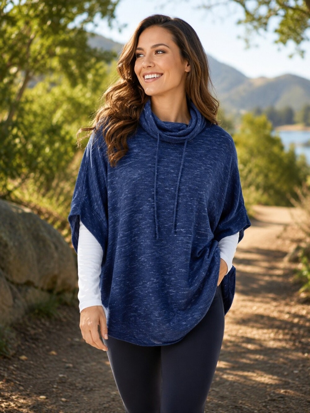 Talbots blue space dyed marled cowl neck poncho pullover drawstring sweater 1x
